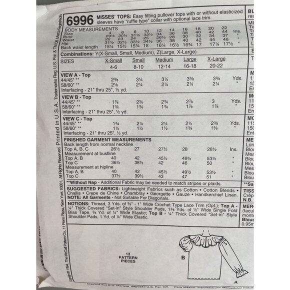 90s McCalls 6996 Misses Tops Sewing Pattern Ruffle Blouses Sizes XS-M UNCUT - Picture 4 of 6